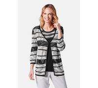 Strickjacke GOLDNER "Kurzgröße Strickjacke mit V-Ausschnitt", Damen, Gr. 20, schwarz (schwarz, weiß, gemustert), Obermaterial: 55% Baumwolle CO. 45% Viskose CV., Rollkante, Strickjacken Strickjacke, m