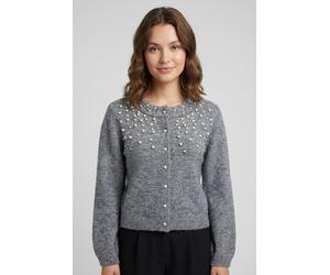 Strickjacke ONLY "ONLMIGGIE LS O-NECK PEARL CARDIGA EX KNT", Damen, Gr. L, medium grau melange detail:fmop, Strick, Obermaterial: 70% Polyester, 15% Nylon, 8% Polyacryl, 5% Wolle, 2% Elasthan, regular
