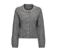 Strickjacke ONLY "ONLMIGGIE LS O-NECK PEARL CARDIGA EX KNT", Damen, Gr. S, grau (medium grau melange), Strick, Obermaterial: 70% Polyester, 15% Nylon, 8% Polyacryl, 5% Wolle, 2% Elasthan, unifarben, r