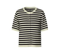 Strickjacke PIECES "PCORINA SS STRIPE KNIT CARDI PWP BC", Damen, Gr. M, schwarz (birch stripes:schwarz), Strick, Obermaterial: 52% Viskose, 28% Polyester, 20% Nylon, gestreift, Rundhals, Strickjacken