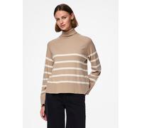 Strickjacke PIECES "PCSIA LS CARDIGAN NOOS BC", Damen, Gr. XS, braun (silber mink stripes:weiß), Strick, Obermaterial: 52% Viskose, 28% Polyester, 20% Polyamid, gestreift, V-Ausschnitt, Strickjacken S