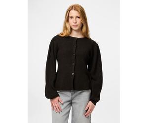 Strickjacke PIECES "PCSILLY LS PUFF KNIT CARDIGAN NOOS BC", Damen, Gr. M, braun (hot fudge detail:melange), Strick, Obermaterial: 90% Polyester, 5% Wolle, 5% Elasthan, meliert, normal, Rundhals, Stric