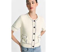 Strickjacke RICHROYAL, Damen, Gr. XS, pearl weiß, Strick, Obermaterial: 67% Baumwolle, 33% Polyamid, gerade, Rundhals, Strickjacken Strickjacke, kontrastfarbene Details, kurzarm, Rundhals (92163302-XS