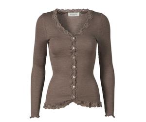 Strickjacke ROSEMUNDE "Babette Silk Cardigan mit Seide", Damen, Gr. M, braun (braun melange), Feinripp, Obermaterial: 70% Seide, 30% Baumwolle, hüftlang, V-Ausschnitt, gewellter Abschluss, Strickjacke