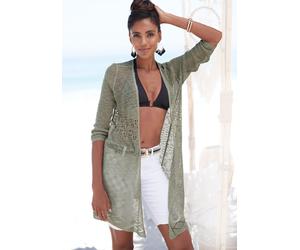 Strickjacke S.OLIVER, Damen, Gr. 32/34, grün (khaki), Strick, Obermaterial: 100% Polyacryl, unifarben, figurumspielend knieumspielend, Strickjacken Strickjacke, mit Ajourmuster, Häkeloptik, Strandmode