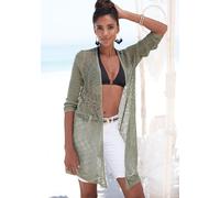 Strickjacke S.OLIVER, Damen, Gr. 48/50, grün (khaki), Strick, Obermaterial: 100% Polyacryl, unifarben, figurumspielend knieumspielend, Strickjacken Strickjacke, mit Ajourmuster, Häkeloptik, Strandmode