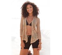 Strickjacke S.OLIVER "in luftiger Häkeloptik mit 3/4-Ärmeln, ohne Verschluss", Damen, Gr. 44/46, beige (sand), Strick, Obermaterial: 100% Polyacryl, unifarben, figurumspielend hüftlang, Strickjacken S