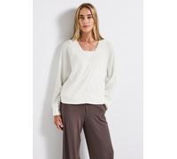 Strickjacke STREET ONE, Damen, Gr. 34, weiß (sanftes weiß), Sweatware, Obermaterial: 60% Viskose, 40% Polyester, unifarben, bequem hüftlang, V-Ausschnitt, Strickjacken Strickjacke, im Strick-Look und