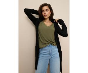 Strickjacke TAMARIS, Damen, Gr. 44/46, schwarz, Strick, Obermaterial: 70% Viskose, 30% Polyamid, figurumspielend ca. Mitte Oberschenkel, Strickbündchen, Strickjacken Strickjacke, mit Kapuze (74727524-