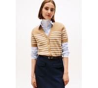 Strickjacke TOMMY HILFIGER "CO JERSEY MID GG GOLD BTN CARDI", Damen, Gr. XS (34), placed thin beige stp sweaters, Strick, Obermaterial: 85% Baumwolle, 15% Polyamid, gestreift, taillenbedeckt, V-Aussch