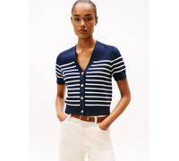 Strickjacke TOMMY HILFIGER "CO JERSEY MID GG GOLD BTN CARDI", Damen, Gr. XS (34), weiß (placed thin weiß stp sweaters), Strick, Obermaterial: 85% Baumwolle, 15% Polyamid, gestreift, taillenbedeckt, V-