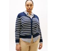 Strickjacke TOMMY HILFIGER CURVE "CRV CO JERSEY FINE GG C-NK CARDI", Damen, Gr. 46, schwarz night navy, calico multi stp, Strick, Obermaterial: 67% Baumwolle, 33% Polyamid, gestreift, Rundhals, Rippbü