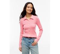 Strickjacke TOMMY HILFIGER "FINE GG LS POLO-NK CARDIGAN", Damen, Gr. L (42/44), breton stp carnation, botanical pink, Strick, Obermaterial: 67% Baumwolle, 33% Nylon, gestreift, normal, Rundhals, Stric