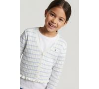 Strickjacke TOMMY HILFIGER "POINTELLE CARDIGAN", Mädchen, Gr. 7 (122), ivory silk, sweet blau stripes, Strick, Obermaterial: 100% Baumwolle, gestreift, regular fit hüftlang, V-Ausschnitt, Rüschen, Str