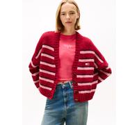 Strickjacke TOMMY JEANS "TJW BADGE STRIPE FLUFF CARDI EXT", Damen, Gr. S (36), ruby rhubarb, stripe, Strick, Obermaterial: 69% Polyacryl, 23% Polyester, 8% Alpaka, gestreift, hüftlang, V-Ausschnitt, S