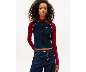 Strickjacke TOMMY JEANS "TJW COLORBLOCK ZIP THRU CARDIGAN", Damen, Gr. L (40), schwarz night navy, Strick, Obermaterial: 90% Polyester, 9% Polyamid, 1% Elasthan, colorblocking, Strickjacken Strickjack