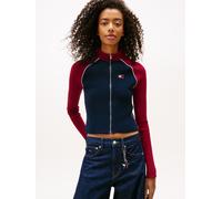 Strickjacke TOMMY JEANS "TJW COLORBLOCK ZIP THRU CARDIGAN", Damen, Gr. XS (34), schwarz night navy, Strick, Obermaterial: 90% Polyester, 9% Polyamid, 1% Elasthan, Strickjacken Strickjacke (85896233-XS