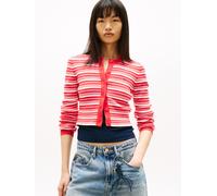 Strickjacke TOMMY JEANS "TJW CREW NECK STRIPE CARDI EXT", Damen, Gr. L (40), rot alert, Strick, Obermaterial: 100% Baumwolle, gestreift, normal, Rundhals, Strickjacken Strickjacke, reine Baumwolle, St