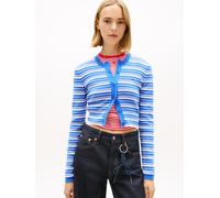 Strickjacke TOMMY JEANS "TJW CREW NECK STRIPE CARDI EXT", Damen, Gr. S (36), empire blau, Strick, Obermaterial: 100% Baumwolle, gestreift, normal, Rundhals, Strickjacken Strickjacke, reine Baumwolle,