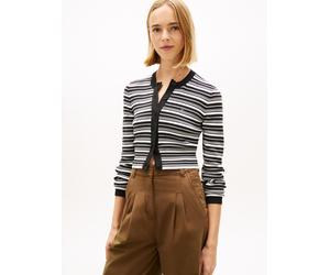 Strickjacke TOMMY JEANS "TJW CREW NECK STRIPE CARDI EXT", Damen, Gr. S (36), schwarz, Strick, Obermaterial: 100% Baumwolle, gestreift, normal, Rundhals, Strickjacken Strickjacke, reine Baumwolle, Stre