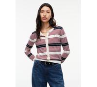 Strickjacke TOMMY JEANS "TJW ESSENTIAL CREW NECK CARDIGAN", Damen, Gr. M (40), bunt (lavish rot, stripe), Strick, Obermaterial: 100% Baumwolle, gestreift, regular fit normal, Rundhals, Rippstrickbündc