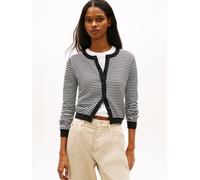 Strickjacke TOMMY JEANS "TJW ESSENTIAL CREW NECK CARDIGAN", Damen, Gr. XL (42), schwarz stripe 02, Strick, Obermaterial: 100% Baumwolle, gestreift, regular fit normal, Rundhals, Rippstrickbündchen, St