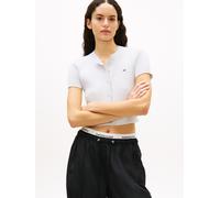 Strickjacke TOMMY JEANS "TJW ESSENTIAL SS RIB CARDIGAN", Damen, Gr. L (40), ice grau heather, Strick, Obermaterial: 65% Baumwolle, 35% Polyamid, meliert, figurbetont hüftlang, Rundhals, Strickjacken S