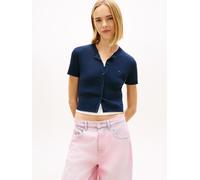 Strickjacke TOMMY JEANS "TJW ESSENTIAL SS RIB CARDIGAN", Damen, Gr. XS (34), schwarz night navy, Strick, Obermaterial: 65% Baumwolle, 35% Polyamid, unifarben mit Farbeinsatz, figurbetont hüftlang, Run