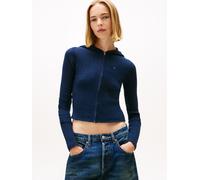 Strickjacke TOMMY JEANS "TJW ESSENTIAL ZIPPER HOOD CARDI", Damen, Gr. M (38), blau (schwarz night navy), Strick, Obermaterial: 65% Baumwolle, 35% Polyamid, unifarben, regular fit taillenlang, Rundhals