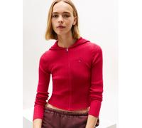 Strickjacke TOMMY JEANS "TJW ESSENTIAL ZIPPER HOOD CARDI", Damen, Gr. XS (34), ruby rhubarb, Strick, Obermaterial: 65% Baumwolle, 35% Polyamid, unifarben, regular fit taillenlang, Rundhals, Strickjack