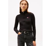 Strickjacke TOMMY JEANS "TJW ZIP HIGH NECK CARDIGAN EXT", Damen, Gr. L (40), schwarz, Strick, Obermaterial: 65% Baumwolle, 35% Polyamid, unifarben, figurbetont taillenbedeckt, hoch geschlossener Aussc
