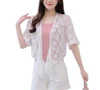 Strickjacken für Damen,Shrug Cardigans Aus Transparenter Spitze für Damen, Kurzärmlig, Zum Binden Vorne, Leichte Sommer Überzüge, Kurze Oberteile, Bolero, Abendjacke, Bluse für Kleider, Weiß,