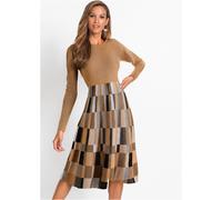 Strickkleid BONPRIX "Ausgestelltes Jacquard-Strickkleid", Damen, Gr. 36/38 (S), N-Gr, braun (camel, braun kariert), Obermaterial: 100% Polyacryl, ausgestellt, Kleider Strickkleid, aus Polyacryl, ausge