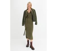 Strickkleid BONPRIX "Midi-Strickkleid", Damen, Gr. 44/46 (L), N-Gr, grün (dunkeloliv meliert), Obermaterial: 90% Polyacryl, 10% Polyester, slim fit, V-Ausschnitt, Kleider Strickkleid, mit modernem Wic