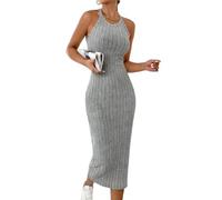Strickkleid Damen Einfarbig Rundhals Ärmelloses Geripptes Tankkleid Figurbetontes Slim Fit Freizeitkleid Elegant Formendes Festliches Partykleid Sommer Feierliches Cocktailkleid(Grau,XL)