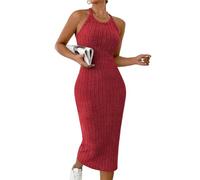 Strickkleid Damen Einfarbig Rundhals Ärmelloses Geripptes Tankkleid Figurbetontes Slim Fit Freizeitkleid Elegant Formendes Festliches Partykleid Sommer Feierliches Cocktailkleid(Rot,XL)