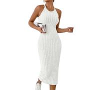Strickkleid Damen Einfarbig Rundhals Ärmelloses Geripptes Tankkleid Figurbetontes Slim Fit Freizeitkleid Elegant Formendes Festliches Partykleid Sommer Feierliches Cocktailkleid(Weiß,XL)