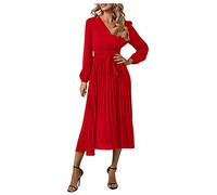Strickkleid Damen Grünes Kleid Damen Gothic Kleid Damen Elegant Einfarbig Langarm Kleider mit Gürtel V-Ausschnitt Swing A-Linie Kleid Hohe Taille Lang Ballkleid Kleid Winter (Rot,M)