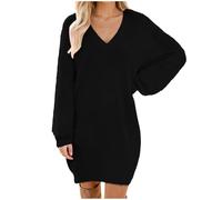Strickkleid Damen Herbst Winter Pulloverkleid Locker V-Ausschnitt Herbstkleid Knielang Rundhals Sweatkleid Fleece Warm Winterkleid Elegant Einfarbige Strickpullover Kleid Leicht Grobstrick Wollkleid