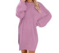 Strickkleid Damen Herbst Winter Pulloverkleid Locker V-Ausschnitt Herbstkleid Knielang Rundhals Sweatkleid Fleece Warm Winterkleid Elegant Einfarbige Strickpullover Kleid Leicht Grobstrick Wollkleid