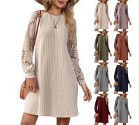 Strickkleid Damen Mittellanges Pulloverkleid Mit Ärmeln aus Spitze Elegant Intellektuell Winterkleid Knielang Pullikleid Einfarbig Midikleid Weich Sweatkleid Warme Freizeitkleid