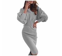Strickkleid Damen Rundhals Einfarbiges Laternenärmel Business Kleider A Linien Bleistiftkleid Elegant Wickelkleid Etuikleid Für Frauen Figurbetontes Kleid Cocktailkleid Knielang