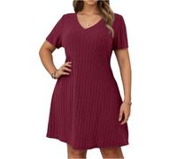 Strickkleid Damen Sommer Große Größen Sommerkleid Damen Knielang Elegant A-Linie Geripptes Kleider Für Mollige Frauen V Ausschnitt Gestricktes Kleid Mit Ärmel Sommerkleider Leicht Und Luftig