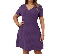 Strickkleid Damen Sommer Große Größen Sommerkleid Damen Knielang Elegant A-Linie Geripptes Kleider Für Mollige Frauen V Ausschnitt Gestricktes Kleid Mit Ärmel Sommerkleider Leicht Und Luftig