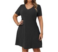 Strickkleid Damen Sommer Große Größen Sommerkleid Damen Knielang Elegant A-Linie Geripptes Kleider Für Mollige Frauen V Ausschnitt Gestricktes Kleid Mit Ärmel Sommerkleider Leicht Und Luftig