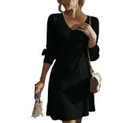 Strickkleid Damen V Ausschnitt Langarm Herbstkleid Damen Elegant A Linie Pulloverkleid Damen Winter Strickkleider Kurz Zopfmuster Winterkleid Gestricktes Herbstkleider Leicht Kleid Einfarbig