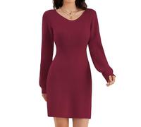 Strickkleid Damen V-Ausschnitt Rippenstrick Ballonärmel Party Winterkleid | Tailliert Langarm Cocktailkleid,Festlich Elegant Kleid,Freizeit Rippstrick Herbst Winter Pullover,Strickkleider,Pulloverkleid