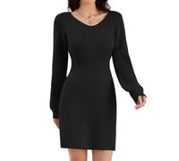 Strickkleid Damen V-Ausschnitt Rippenstrick Ballonärmel Party Winterkleid | Tailliert Langarm Cocktailkleid,Festlich Elegant Kleid,Freizeit Rippstrick Herbst Winter Pullover,Strickkleider,Pulloverkleid