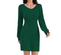 Strickkleid Damen V-Ausschnitt Rippenstrick Ballonärmel Party Winterkleid | Tailliert Langarm Cocktailkleid,Festlich Elegant Kleid,Freizeit Rippstrick Herbst Winter Pullover,Strickkleider,Pulloverkleid