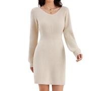 Strickkleid Damen V-Ausschnitt Rippenstrick Ballonärmel Party Winterkleid | Tailliert Langarm Cocktailkleid,Festlich Elegant Kleid,Freizeit Rippstrick Herbst Winter Pullover,Strickkleider,Pulloverkleid